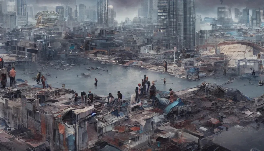 Prompt: people in a rooftop watching their city underwater after a tsunami, hyperdetailed, artstation, cgsociety, 8 k