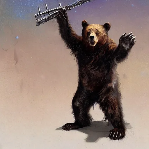 Prompt: realistic bear playing futuristic prismatic angular guitar, fantasy character portrait by Greg Rutkowski, Craig Mullins, Gaston Bussiere