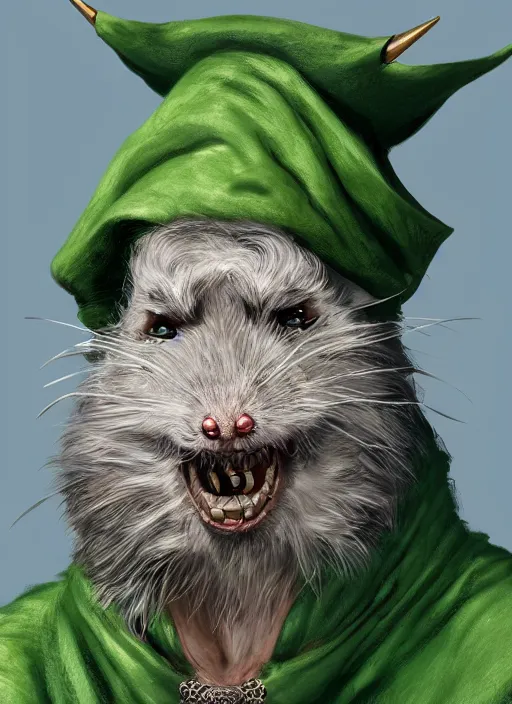 Prompt: mutant rat, bearded, serious, mean eyes, wearing jewelry, tricorne hat, green robe, d & d, digital art, detailed face, highly detailed, trending on artstation, 4 k, sea in the background, art by greg rutkowski