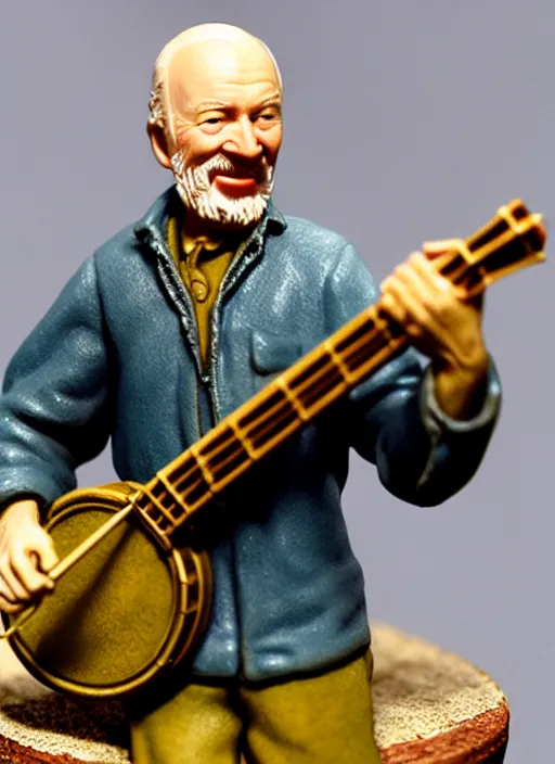 Prompt: 8 0 mm resin detailed miniature of pete seeger holding his banjo, his head is tilted back and his mouth is open, product introduction photos, 4 k, full body,