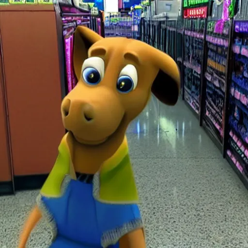 Image similar to drunken scooby at walmart checkout, realistic, cctv