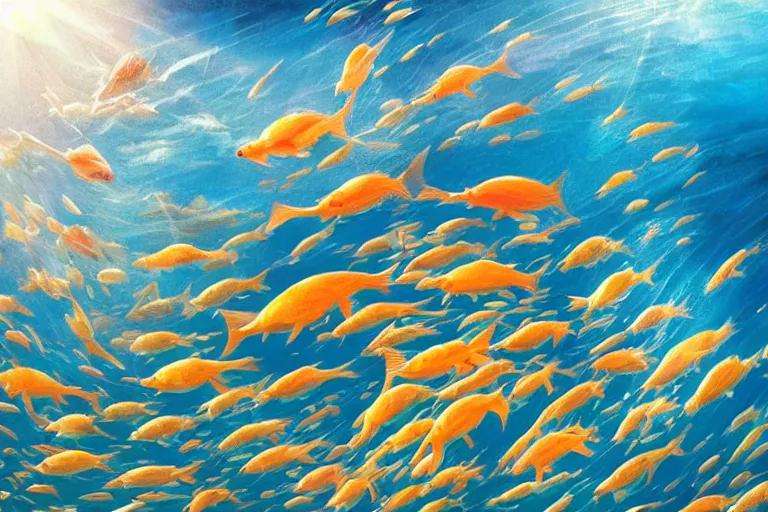 Prompt: portrait of goldfishes swarming the ocean. shadow and light. rays of light. energetic, dynamic, lively, detailed, intricate, complex. fine art by hayao miyazaki, akita toriyama, and makoto shinkai.