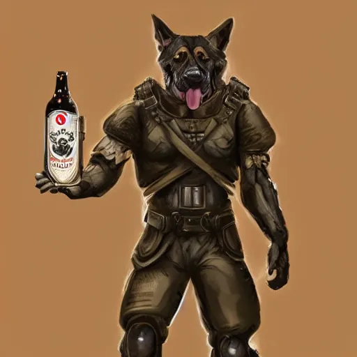 Image similar to a humanoid german shepherd beast - man in military style, holding a bottle of beer, artstation, concept art, smooth, sharp foccus ilustration, artstation