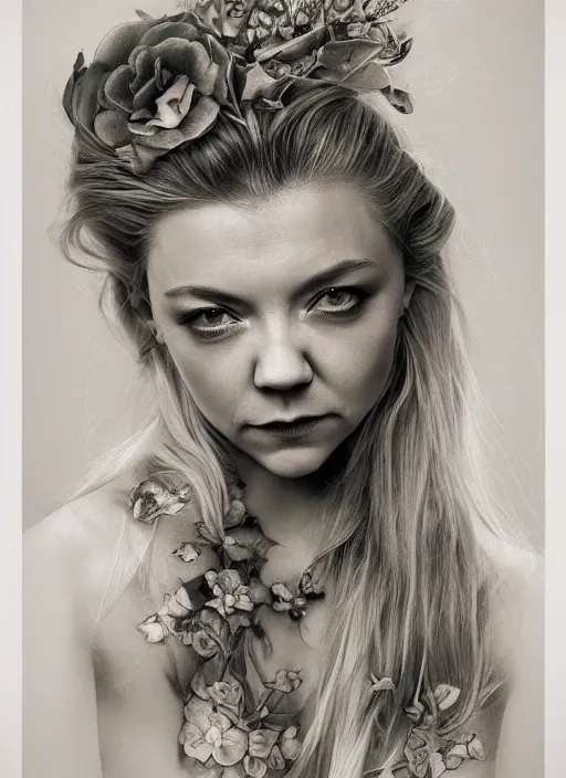 Image similar to natalie dormer wearing miniskirt made of marijuana with fox - tail, beautiful tattoos, focus, zeiss lens, detailed, symmetrical, centered, by nicoletta ceccoli, mark ryden, lostfish, earl nore, hyung tae, frank frazetta, breathtaking, 8 k resolution, extremely detailed, beautiful, artistic, hyperrealistic, award - winning photography