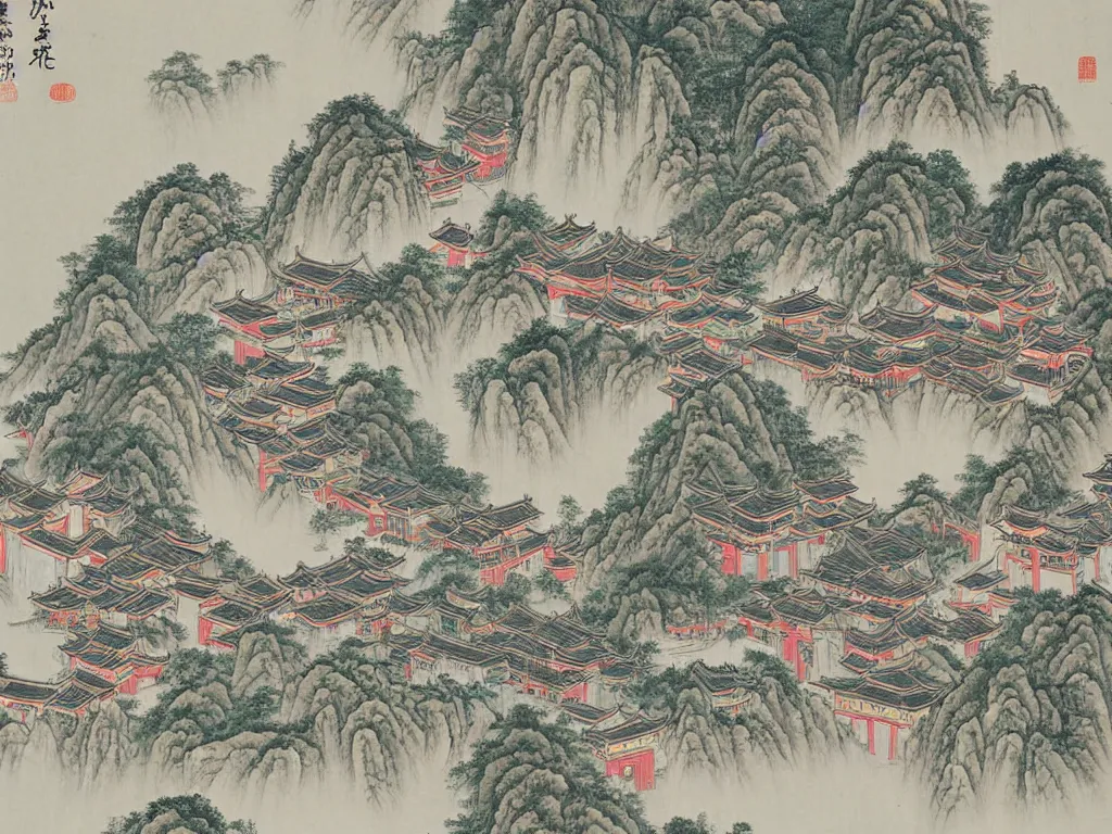 Prompt: traditional chinese painting of a town by huang gongwang