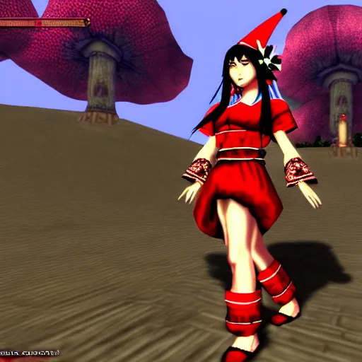 Image similar to reimu hakurei in morrowind, retro pc graphics, video game screenshot, retro 3 d, pc game, elder scrolls, morrowind, touhou project