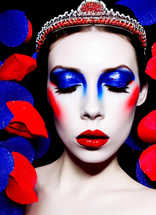 Image similar to a female high fashion model wearing a jeweled face crown, dark eye make - up, red lips, alexander mcqueen, haute couture, artstation, high detail, black, red and blue, 8 0 s airbrushed, film still, cinematic composition