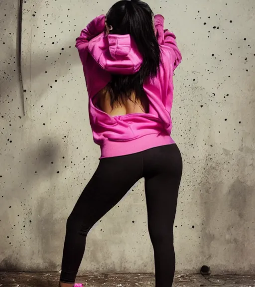 Image similar to kylie jenner doing graffiti in a derelict garage, dust mist, rear-shot, tight leggings with a pink hoody with hood up, mold, greenery, intricate, epic lighting, cinematic composition, hyper realistic, 8k resolution, unreal engine 5