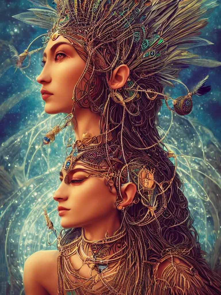 Image similar to a centered photo of a single alluring mystical tribal goddess adorned with feathers and gemstones and cables and synthesizer parts is surrounded by sacred geometry made from elven architecture, full body, gorgeous, perfect face, powerful, cinematic, beautifully lit, by artgerm, by karol bak, 3 d, trending on artstation, octane render, 8 k