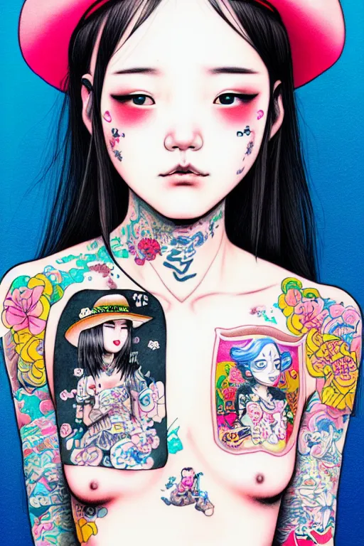 Image similar to full view of girl from taipei with tattoos, wearing a cowboy hat, style of yoshii chie and hikari shimoda and martine johanna, highly detailed