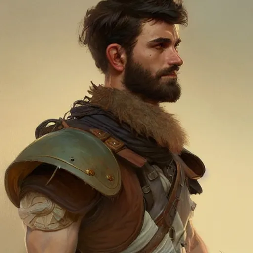 Image similar to portrait of a young rugged ranger with exposed muscular thighs, handsome, hairy torso, D&D, fantasy, intricate, elegant, highly detailed, digital painting, artstation, concept art, matte, sharp focus, illustration, art by Artgerm and Greg Rutkowski and Alphonse Mucha