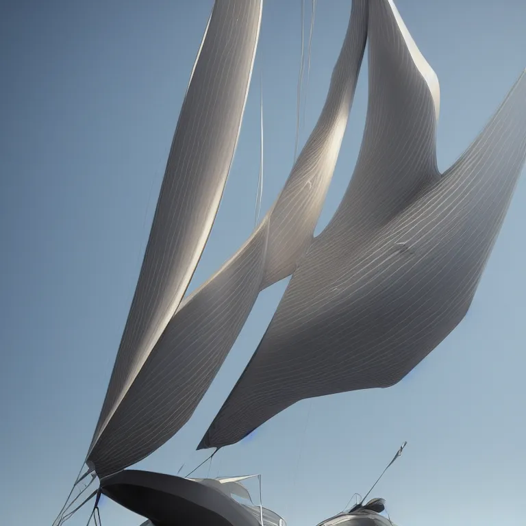 Image similar to octane render portrait by wayne barlow and carlo crivelli and glenn fabry, a futuristic sailboat with sails made out of clear iridescent plastic, cinema 4 d, ray traced lighting, very short depth of field, bokeh