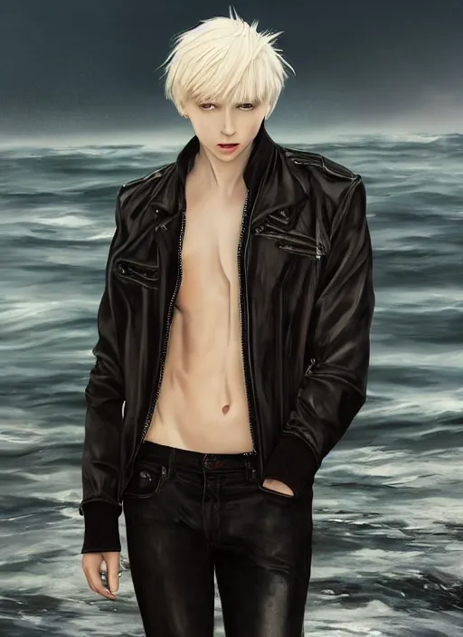 Image similar to beautiful teenage boy with platinum blonde hair and black wings walking on water, wearing leather jacket, beautiful, detailed portrait, cell shaded, 4 k, concept art, by wlop, ilya kuvshinov, artgerm, krenz cushart, greg rutkowski, pixiv. cinematic dramatic atmosphere, sharp focus, volumetric lighting, cinematic lighting, studio quality