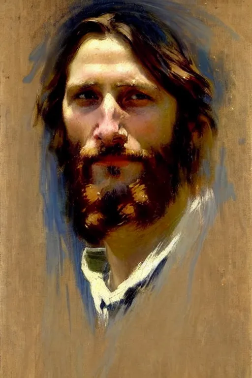 Image similar to impressionist brushstrokes!!!!!!!!! solomon joseph solomon and richard schmid and jeremy lipking victorian loose genre loose painting full length portrait painting of jesus with a slight smile happy inviting