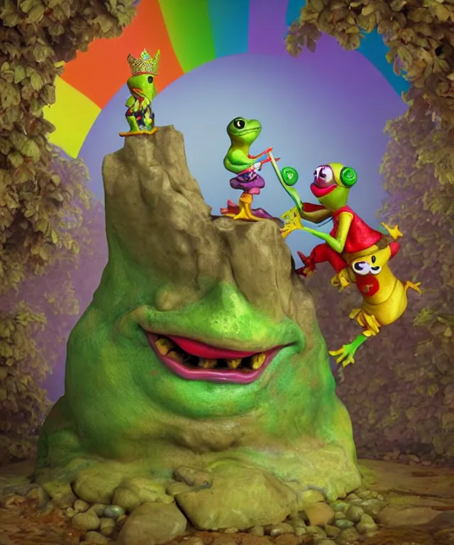 Prompt: clown frog king pulls the sword from the stone, clown frog king wearing clown makeup and rainbow wig, clown crown artwork by Todd Schorr, 3D rendering by Beeple