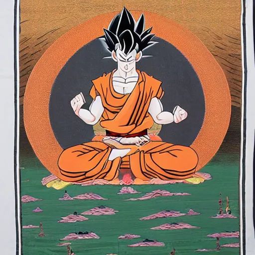 Image similar to Goku depicted in a Buddhist style Thangka painting