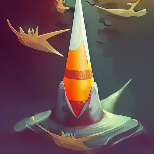 Prompt: cracked orange and white striped traffic cone with shark teeth breaking through the cracks, ocean background detailed atmospheric - ron cheng & alphonse mucha, highly detailed, digital painting, ray tracing, concept art, illustration, smooth sharp focus, intricate, symmetry, artstation,