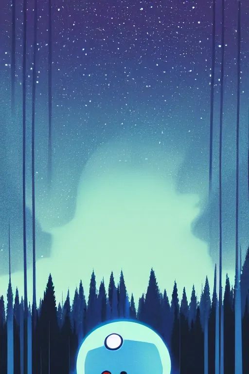 Prompt: A retro glossy white robot stands in the middle of a forest in the centre of the frame. softly glowing blue trees at night. The sky above has many stars and a beautiful blue aurora. Comet in the middle of the sky. Cyril Roland naomi okubo. Trending on artstation. Digital painting.