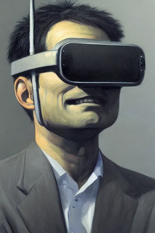 Image similar to sathoshi nakamoto wearing oculus and bitcoin over his head edward hopper and james gilleard, zdzislaw beksisnski, higly detailed