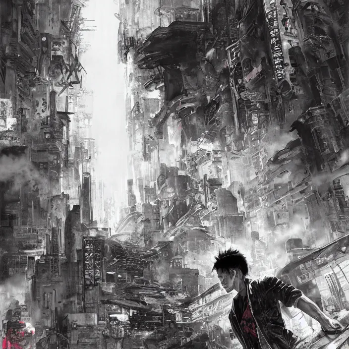 Image similar to tetsuo observing the ruins of neo - tokyo, red cape, akira | anime, matte painting, dystopian megacity neo - tokyo akira, shaded perfect, fine details. realistic shaded lighting anime manga artwork by katsuhiro otomo, akira, artgerm, jeremy lipkin and michael garmash and rob rey