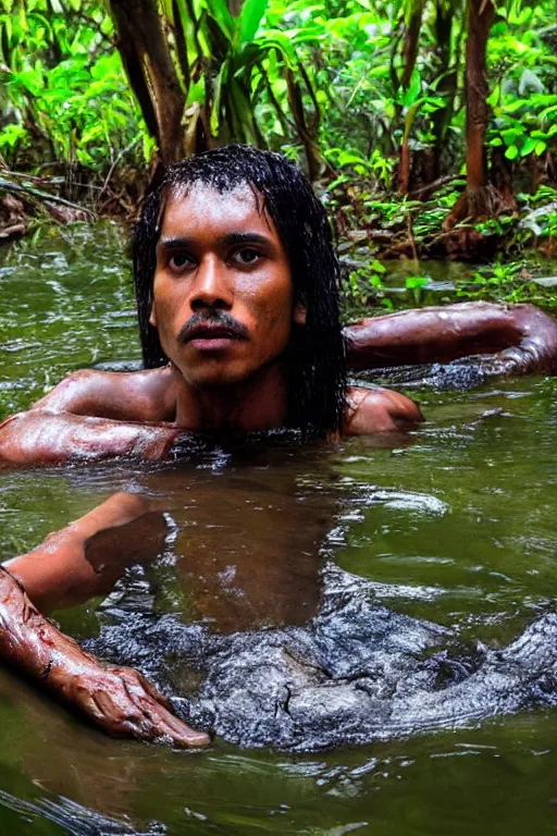 Image similar to predator in sri lankan jungle, submerged in water, black hair, hunter, extremely high fidelity, natural lighting