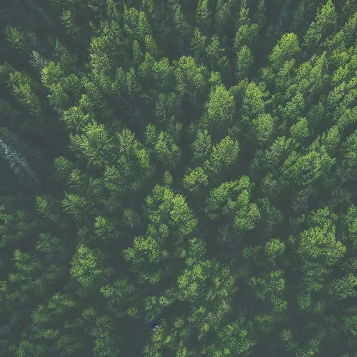 Image similar to a drone shot of a forest, dusk, slightly foggy, grainy footage,