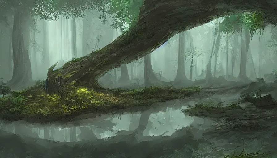 Prompt: sword stuck in a pond island, rainy enchanted forest of the ancients, moody high exposure, digital painting, concept art, photoshop speedpaint