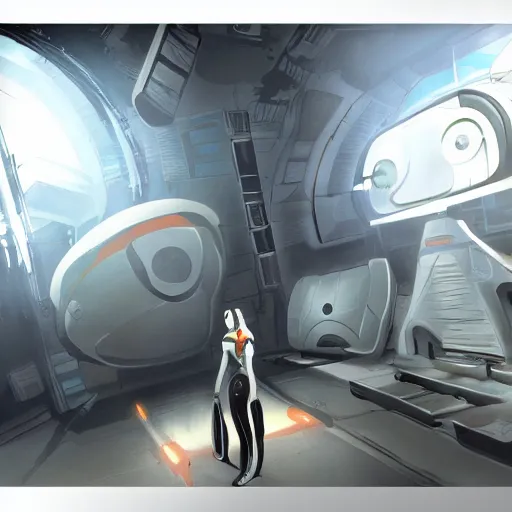 Image similar to scene with glados, from portal videogame, pc, steam, valve, concept art