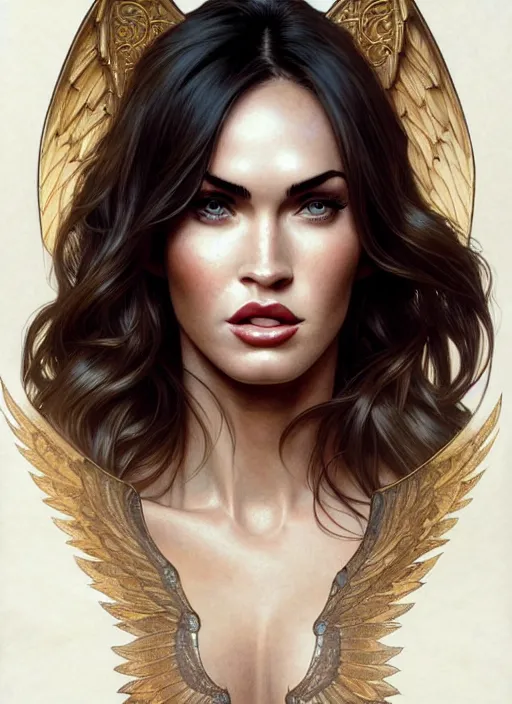 Image similar to portrait of megan fox as an blonde angel, wings, bible, intricate, headshot, highly detailed, digital painting, artstation, concept art, sharp focus, cinematic lighting, illustration, art by artgerm and greg rutkowski, alphonse mucha, cgsociety