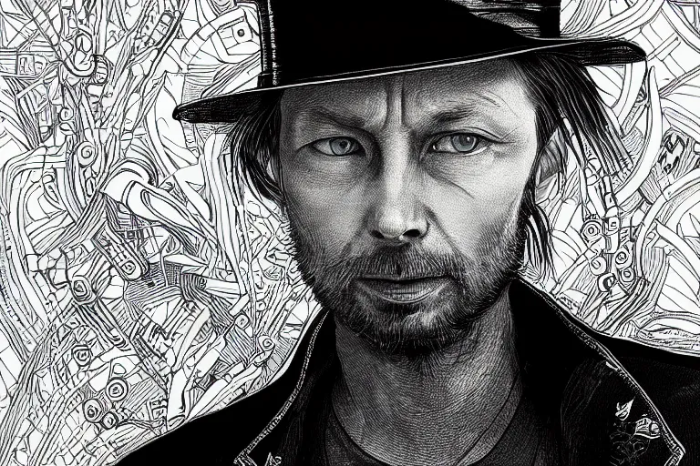 Image similar to A portrait of Thom Yorke as a cyberpunk wearing a bowler hat, iridescent highlights, background by Joe Fenton, highly detailed, intricate, soft, sci-fi, sharp focus, glowing lines, art by artgerm