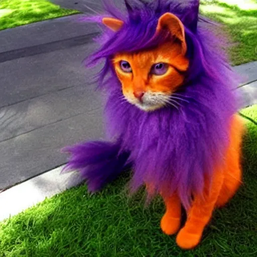 Image similar to orange cat, with his hair died purple to look like the cheshire cat, photo