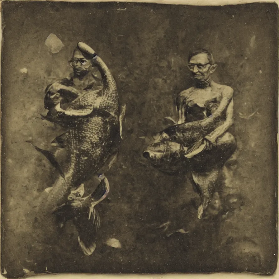 Prompt: “a daguerreotype of a cyborg Gandhi holding a large fish ”