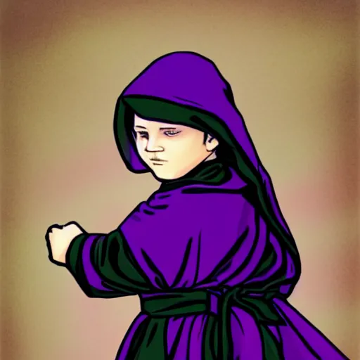 Image similar to little boy wearing nun outfit, purple and black color palate, artwork in western comic art style, inspired in hirohiko araki