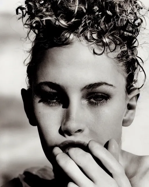 Prompt: a beautiful professional photograph by herb ritts, arthur elgort and ellen von unwerth for vogue magazine of a beautiful lightly freckled and unusually attractive female fashion model looking at the camera in a flirtatious way, zeiss 8 0 mm f 2. 8 lens