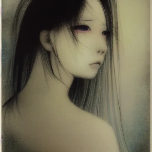 Image similar to Yoshitaka Amano dreamy and blurry portrait of an anime girl with white hair and cracks on her face wearing dress suit with tie fluttering in the wind, abstract black and white patterns on the background, head turned to the side, noisy film grain effect, highly detailed, Renaissance oil painting, weird camera angle