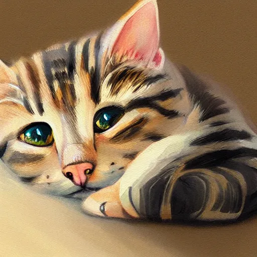 Image similar to a painting of cute tabby cat laying on the ground, a digital painting by nyuju stumpy brown, featured on pixiv, furry art, detailed painting, digital painting, speedpainting