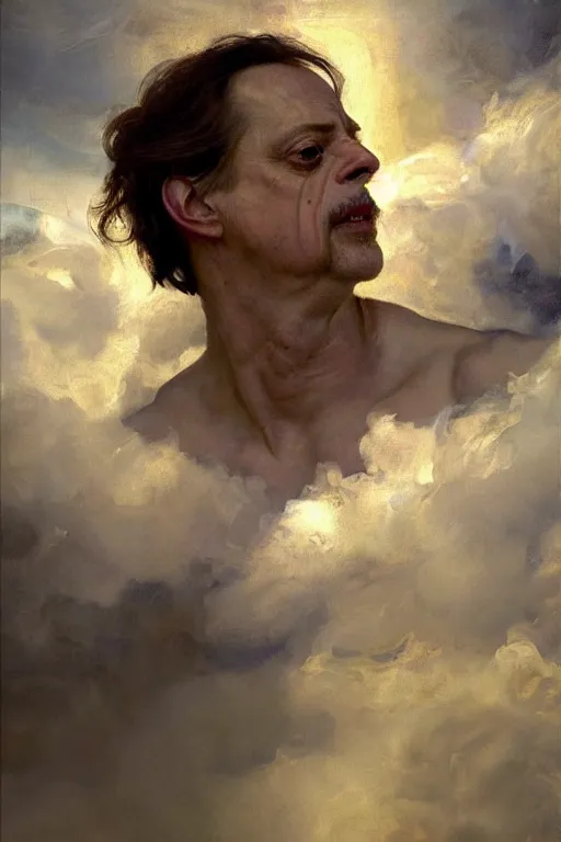 Image similar to beautiful detailed expressive impressionistic oil painting portrait of ancient roman god emperor steve buscemi ascending into the clouds wearing the civic crown, renaissance painting, art by anders zorn, wonderful masterpiece by greg rutkowski, expressive brush strokes, beautiful cinematic light, american romanticism by greg manchess, jessica rossier