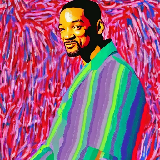Prompt: a portrait of will smith, in the style of David Hockney, abstract, flat, colorful, oil painting a bigger splash