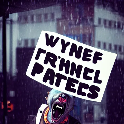 Image similar to a werewolf holding a protest sign outside a planned parenthood in the rain, photograph, fish eye lens, hyperrealism, unreal engine, artstation, 4k