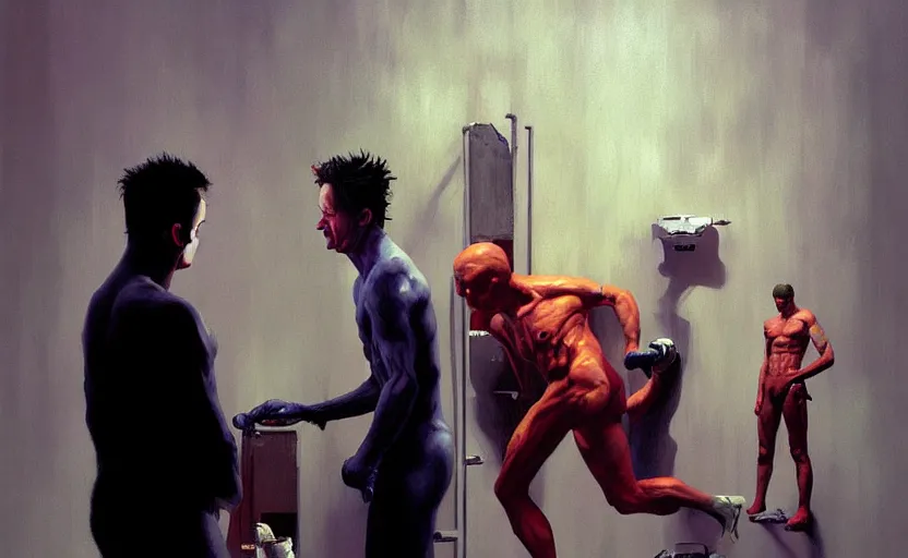 Prompt: Fight club, very coherent, painted by Edward Hopper, Wayne Barlowe, painted by James Gilleard, airbrush, art by JamesJean