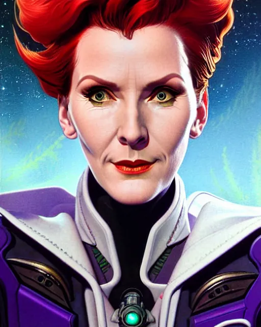 Image similar to moira from overwatch, character portrait, portrait, close up, concept art, intricate details, highly detailed, vintage sci - fi poster, in the style of chris foss, rodger dean, moebius, michael whelan, and gustave dore