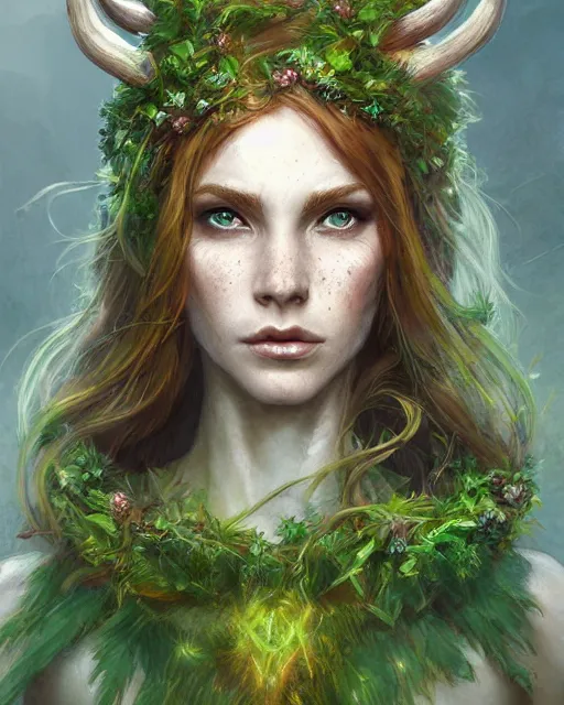 Prompt: female druid, perfect face, thin antlers, green tunic, ginger hair, cinematic, freckles, stunning, highly detailed, digital painting, artstation, smooth, hard focus, illustration, art by jessica rossier and and brian froud