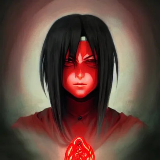 Image similar to itachi uchiha, red glowing eyes, intricate, elegant, highly detailed, digital painting, artstation, concept art, smooth, sharp focus, illustration, art by artgerm and greg rutkowski and alphonse mucha