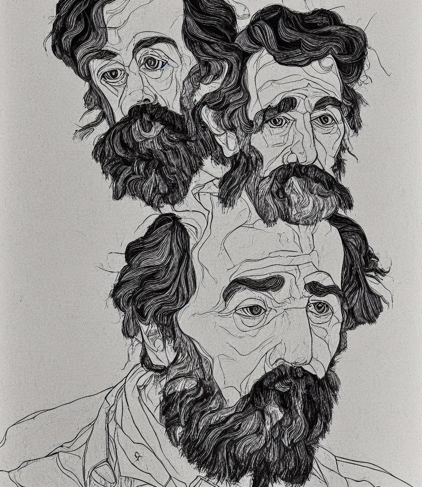 Prompt: detailed line art portrait of friedrich engels, inspired by egon schiele. caricatural, minimalist, bold contour lines, musicality, soft twirls curls and curves, confident personality, raw emotion