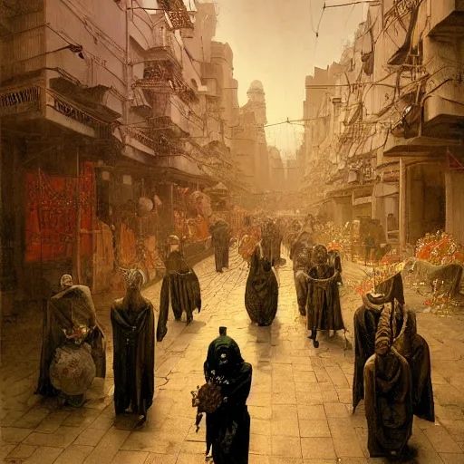Image similar to portrait of parade of peasants in costumes in the art deco streets of the industrial Undying Empire city of ya-Don during the Festival of Masks, award-winning realistic sci-fi concept art by Beksinski, Bruegel, Greg Rutkowski, Alphonse Mucha, and Yoshitaka Amano