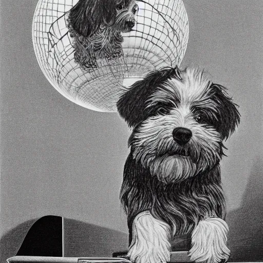 Prompt: self portrait of a havanese dog reflecting into a chrome sphere, 1 9 5 0 s desk and office in the background, pen on paper, by mc escher