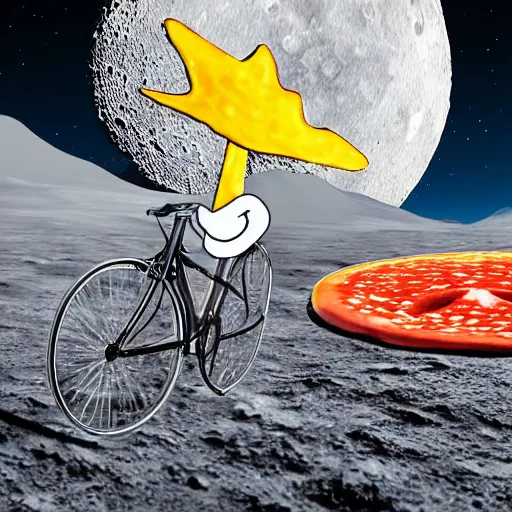 Prompt: a stainless steel bike, with swiss cheese wheels, there is a rat cycling on the surface of the moon and, drives away from a huge dangerous mushroom, explosion clouds. photorealistic