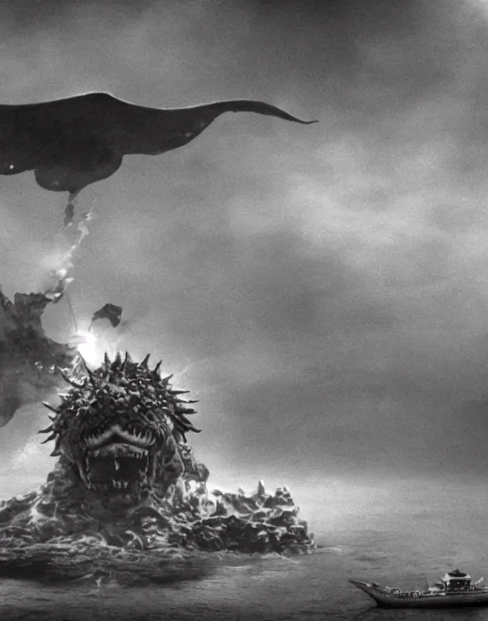 Image similar to a filmstill of a north korean monster movie, kaiju - eiga monster starfish - like trampling a traditional korean palace, foggy, film noir, video compression