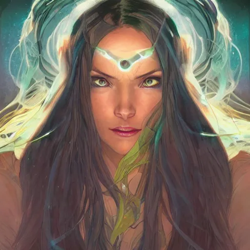 Image similar to cyborg, female, fantasy, bioluminiscence, flowing hair, portrait, highly detailed, digital painting, beautiful eyes, symmetry, concept art, sharp focus, illustration, art by artgerm and greg rutkowski and magali villeneuve and ilya kuvshinov! : : alphonse mucha : : - 0. 2