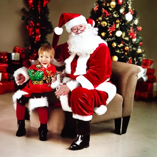 Image similar to santa claus sitting on a kid's lap at the mall, film camera photo, highly detailed, high definition, ultra realistic